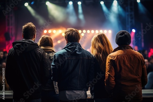 Group of people standing in front of a stage, suitable for event promotions
