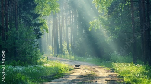a dog standing on a dirt road in the middle of a forest with sunbeams shining through the trees.