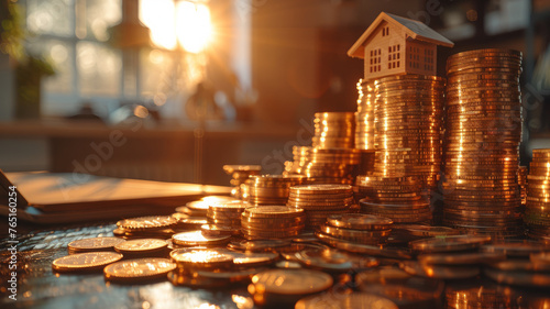A photo of stacked coins and a small house model at sunset.