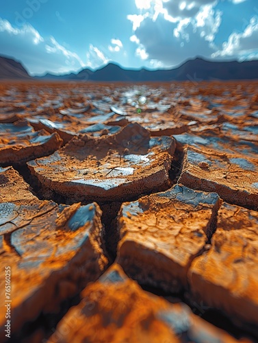 Dried land in the desert. Cracked soil crust. A dried land in the desert with cracked soil crust, climate change, Generative AI.