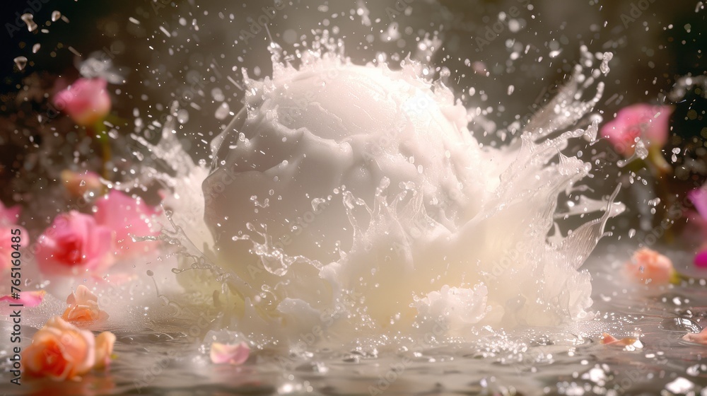 a white ball of milk splashing into a body of water with pink flowers in the foreground and a black background.