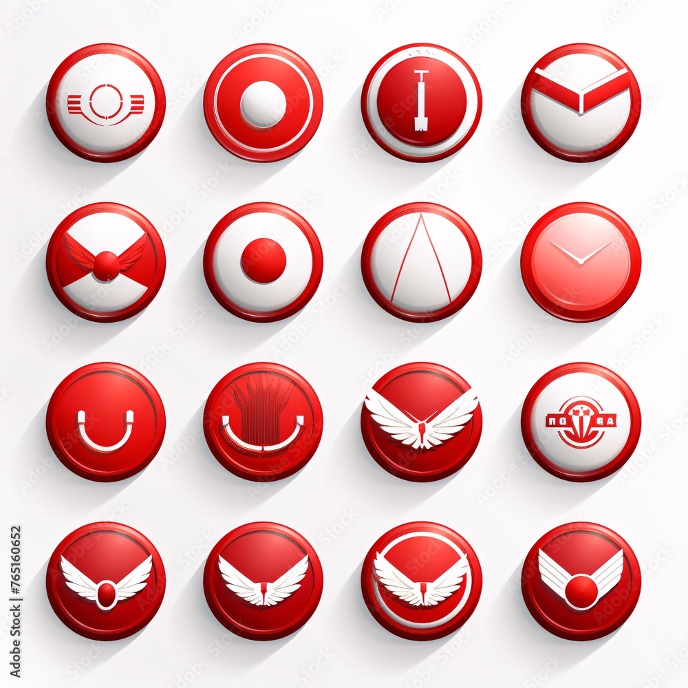Vector set of red round icons with wings and rings on a white background Vector set of red round icons with wings and rings on a white background
