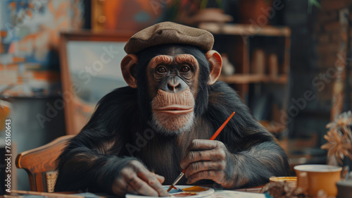 Chimpanzee with beret painting at a table.