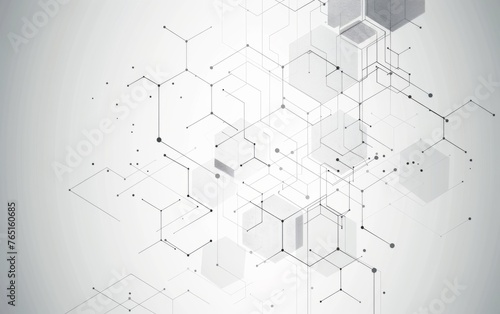 Abstract background with a geometric hexagon pattern, lines and dots connecting on a light grey color for a technology or science concept Generative AI