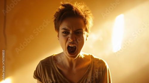 A young woman with short hair is screaming. She is standing in a dark room with a bright light shining on her. photo