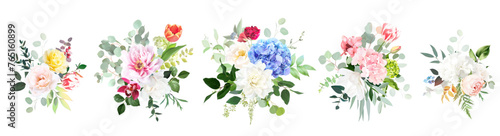 Bright hydrangea flowers  roses  tulips  peony  orchid  magnolia greenery and eucalyptus wedding vector bouquets set. Floral pastel watercolor. Blooming garden. Elements are isolated and editable