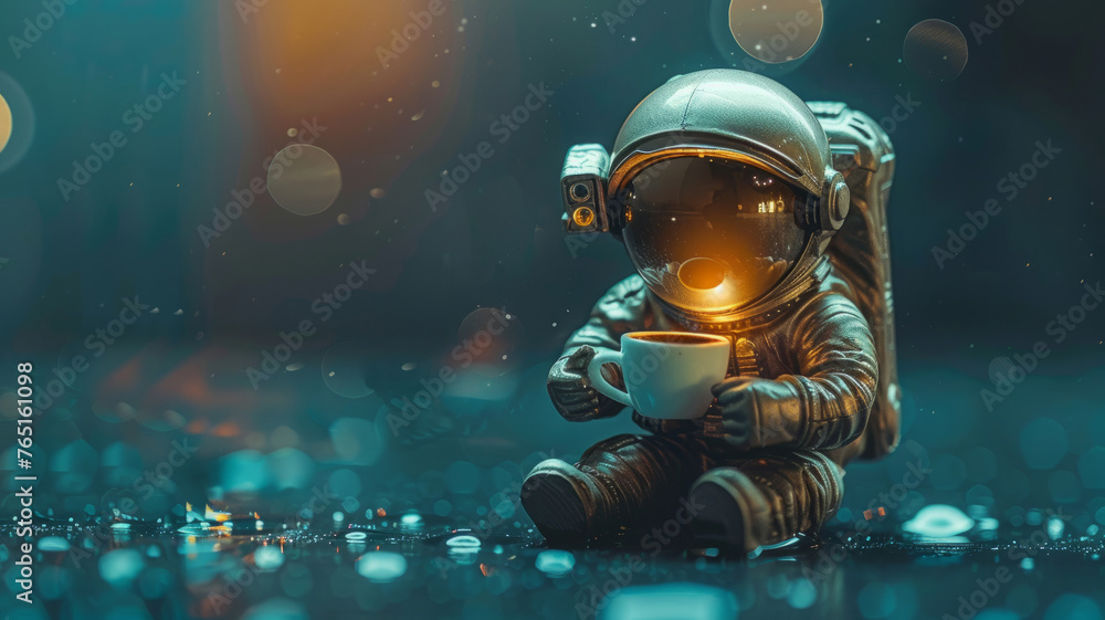 Naklejka premium Astronaut holding a cup with bokeh lights