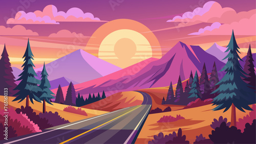 Sunset highway landscape among hills with trees in pink sky, mountains silhouettes vector nature horizontal background.