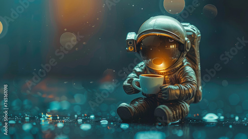 Astronaut holding a cup with bokeh lights