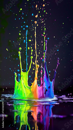A vibrant rainbow colored liquid splashes into the water, creating wild and abstract patterns. photo