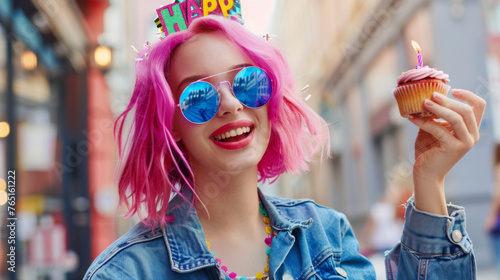 A jubilant woman with vibrant pink hair and a  Happy  tiara holds a cupcake with candles.