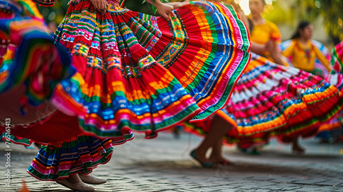 Vibrant Display of Mexican Cultural Dance: Women's Colorful Skirts Twirling, Traditional Performance, Joyful Expression, Latin American Heritage 
