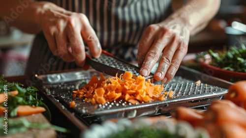 Person grating carrots in a kitchen