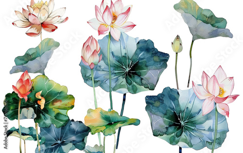 Set of Lotus flower watercolor collection of hand on transparent background  png 