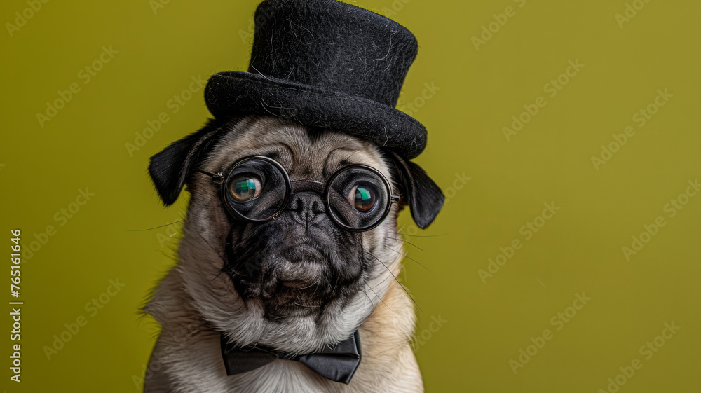 A pug wearing a top hat and glasses