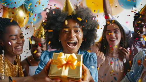 A jubilant woman is holding a gift surrounded by friends and confetti at a birthday party.
