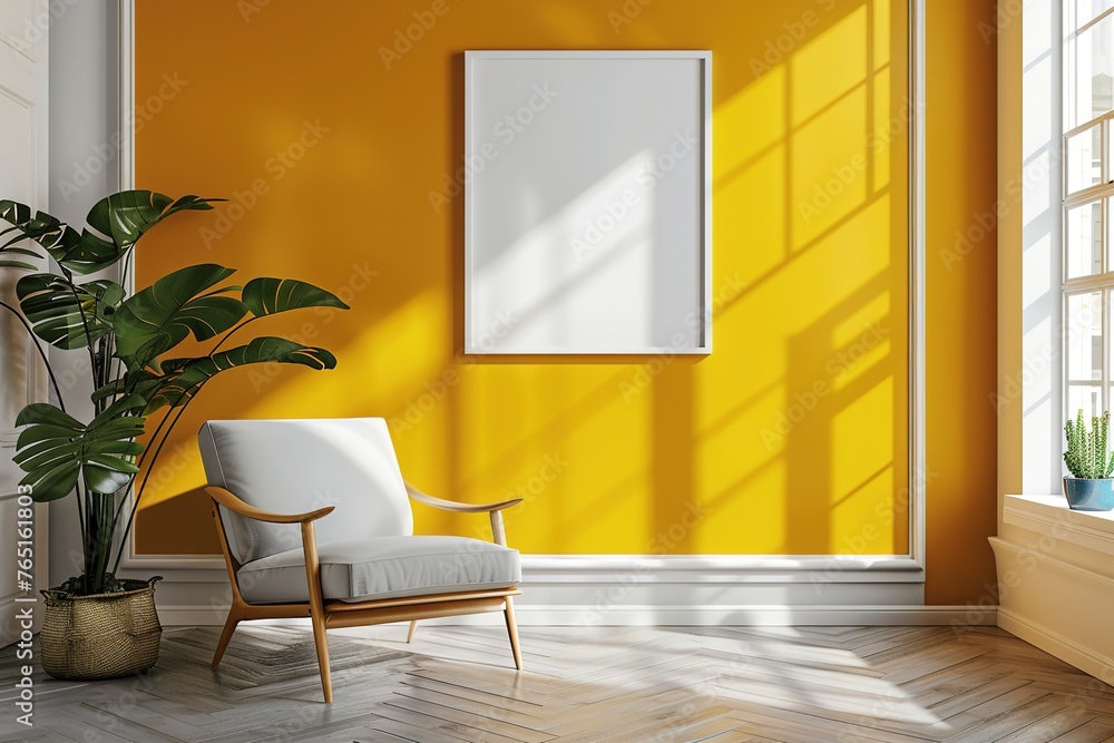 Fototapeta premium Modern room interior in yellow colors with a cozy fabric grey armchair with a mockup picture on a yellow wall near a large window