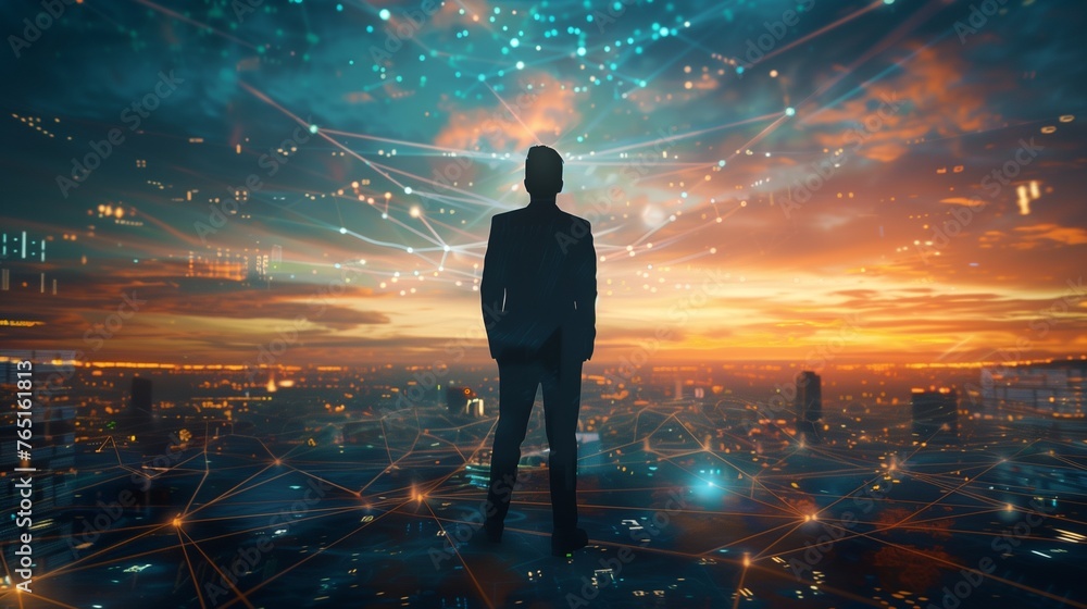 A visionary business man stands at the forefront of a futuristic network city, his silhouette sharply outlined against the sprawling digital landscape beneath the twilight sky.