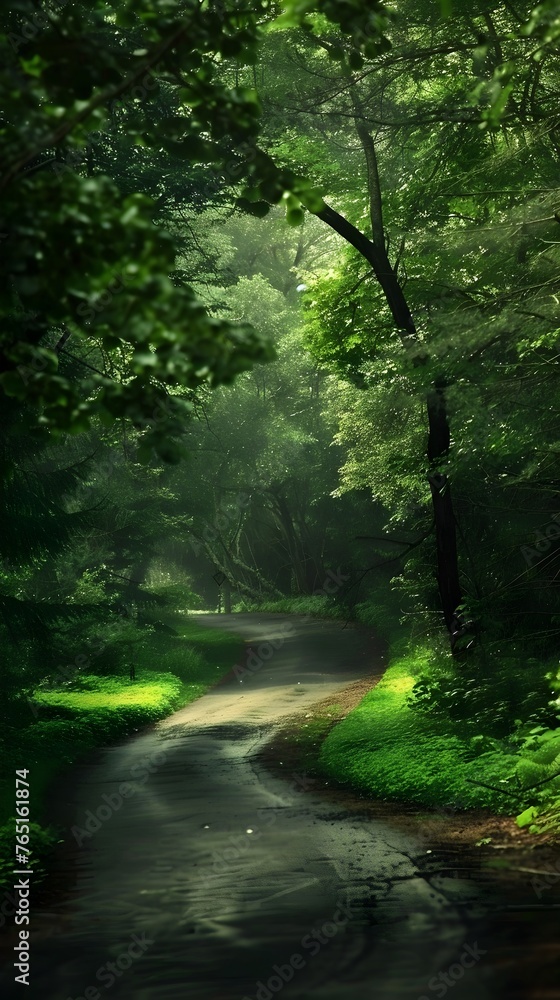 Tranquil Summer Drive: Winding Through a Lush Green Forest