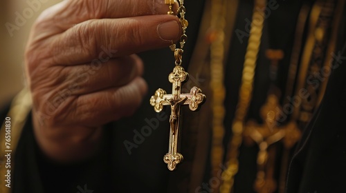 a priest's hand holds a necklace of the cross of Jesus Christ