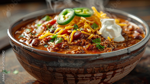 A bowl of chili with toppings