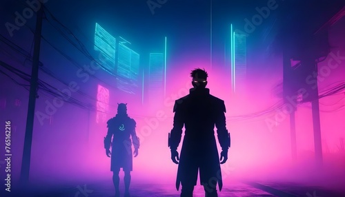 two person standing confidently in a neon-lit cyberpunk cityscape with pink and purple hues