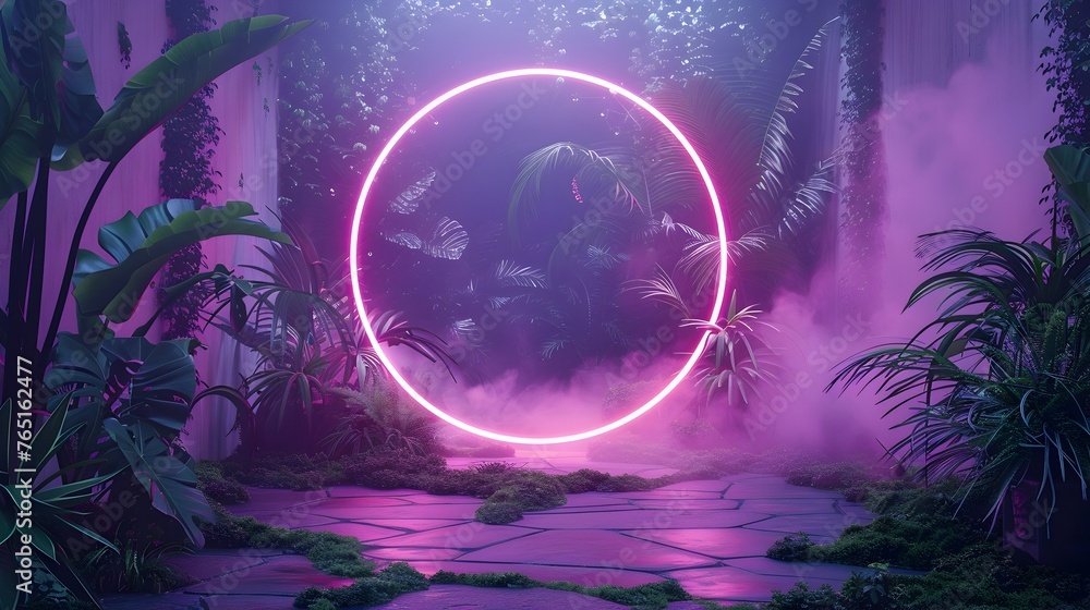 Fototapeta premium Enchanting Circular Neon Light Surrounded by Dense Greenery in Soft Evening Glow