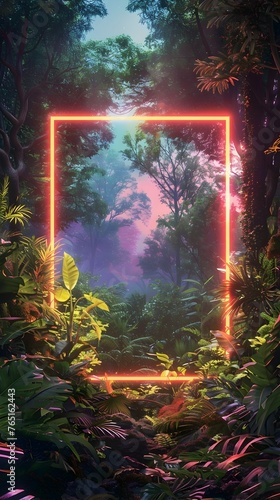 Dawn s Electric Embrace  A Neon Square Radiant in a Lush Forest Backdrop