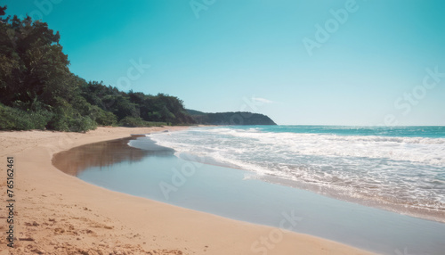 Paradisiacal beach on a summer day. Sea  mountains  sand and blue sky. Environment concept. Space for text.