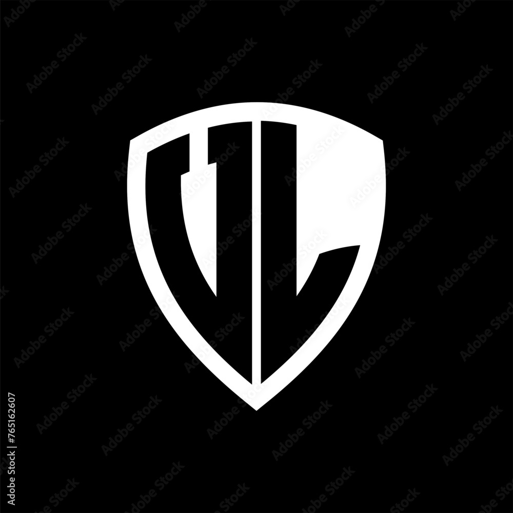 VL monogram logo with bold letters shield shape with black and white color design VL monogram logo with bold letters shield shape with black and white color design