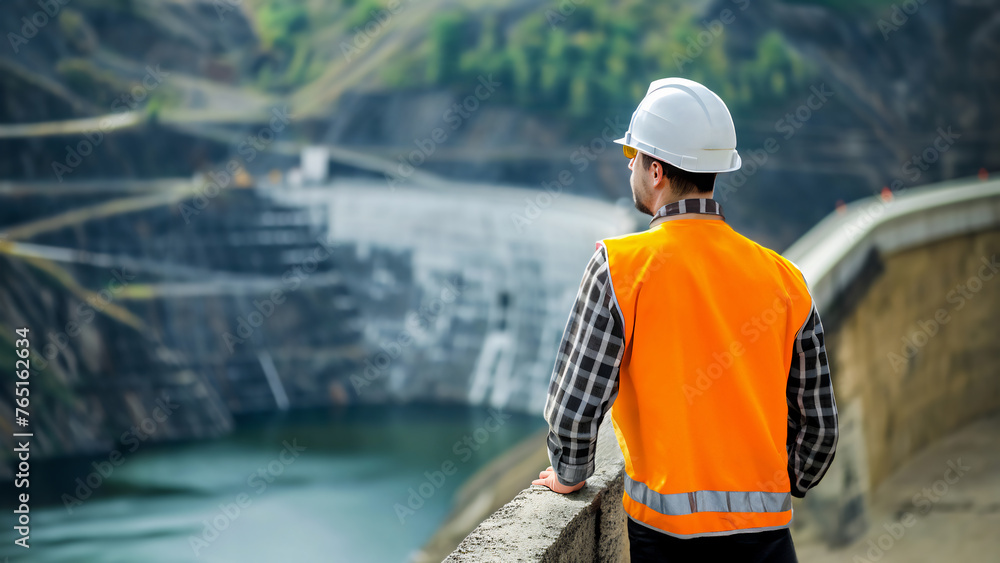 Engineer stands at the crest of a hydroelectric dam, marveling at the impressive technological structures and the surrounding natural beauty. Concept of sustainable energy, clean energy generation Engineer stands at the crest of a hydroelectric dam, marveling at the impressive technological structures and the surrounding natural beauty. Concept of sustainable energy, clean energy generation