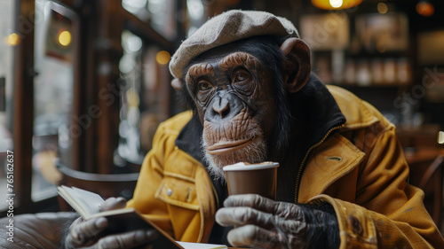 Chimpanzee with coffee and book in cafe