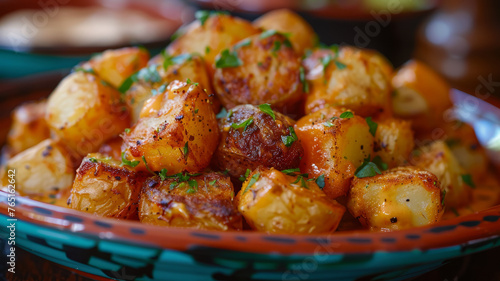 Roasted herb potatoes in a dish