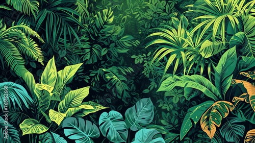 lush green foliage of a tropical jungle with bright light shining through the leaves