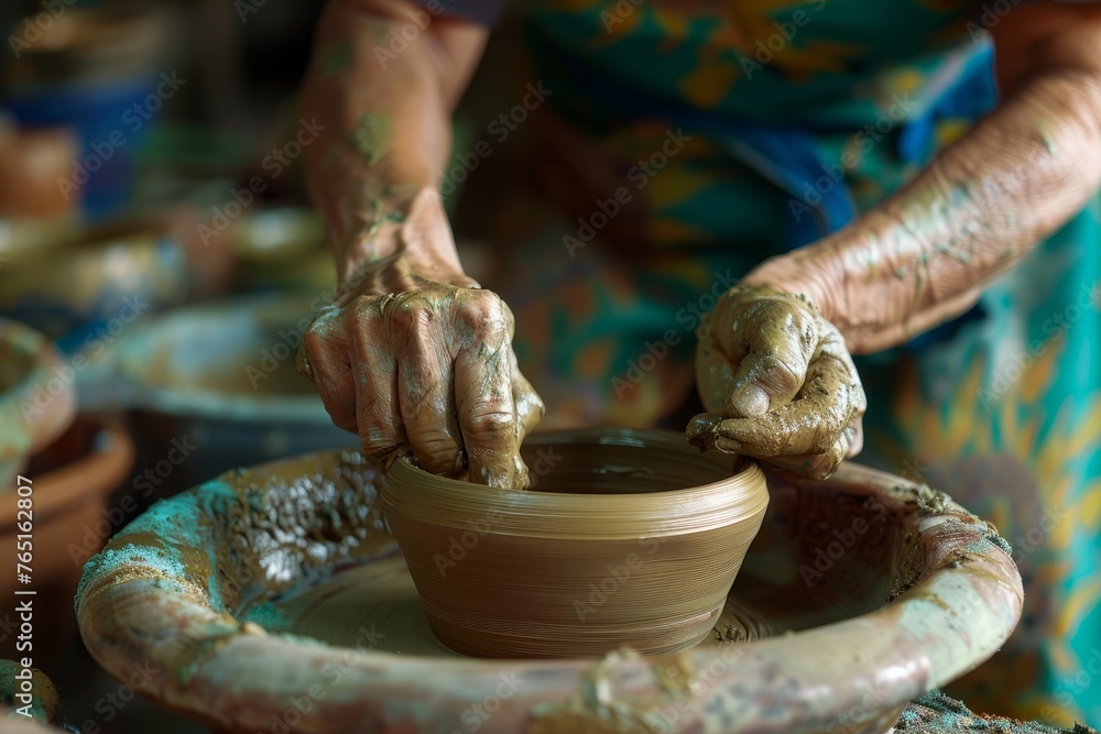 A woman is skillfully shaping a clay pot on a potters wheel in an artisan workshop