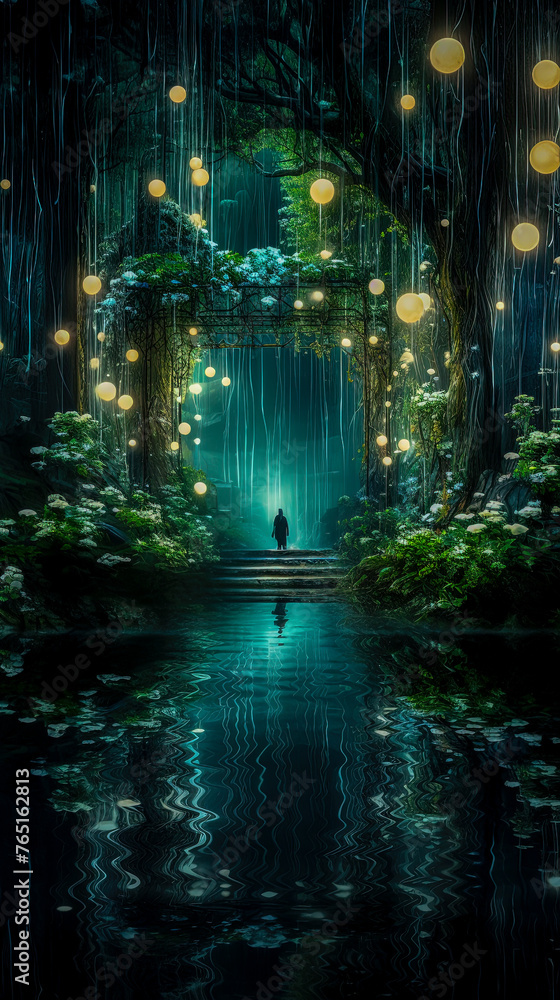 A man in a fantasy forest with lanterns. Illustration. Poster art.