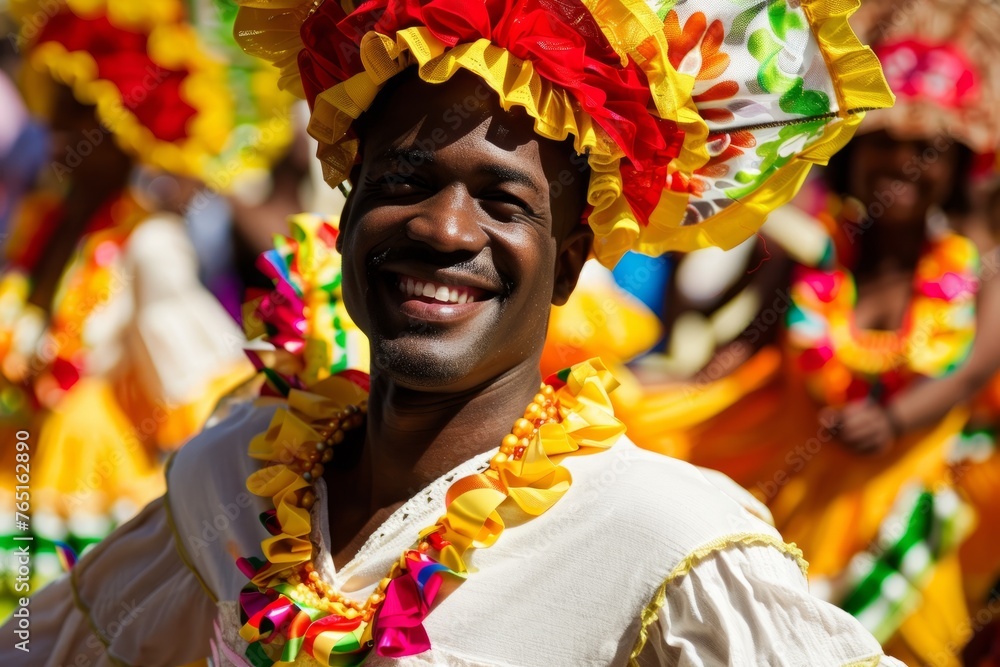 A man wearing a vibrant headdress smiles while posing for a photograph