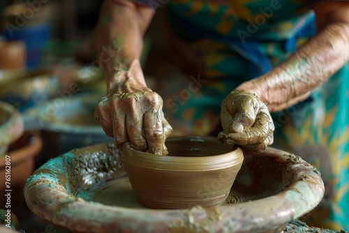 A woman is skillfully shaping a clay pot on a potters wheel in an artisan workshop