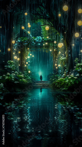 A man in a fantasy forest with lanterns. Illustration. Poster art.