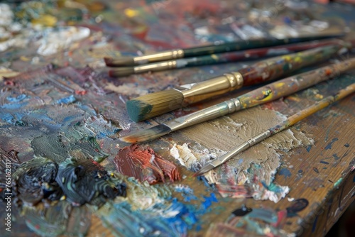 Close up of assorted paint brushes arranged on a wooden table