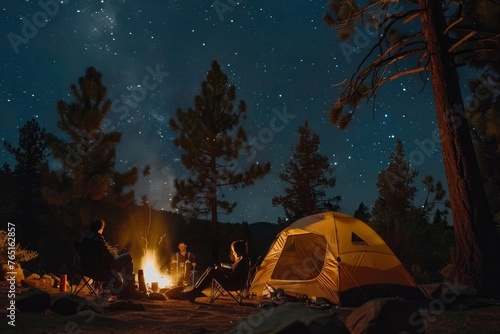 People sitting around a campfire in the darkness under a sky filled with stars