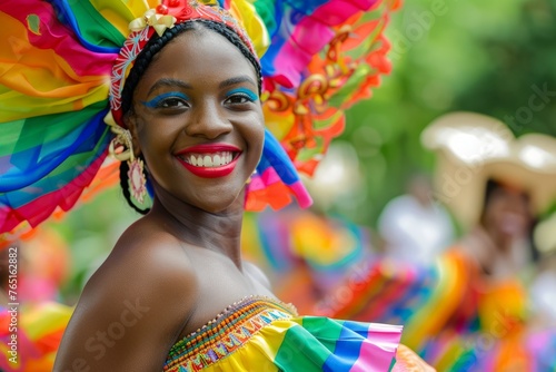 A woman joyfully smiles for the camera in a vibrant, colorful dress, capturing the essence of cultural celebration