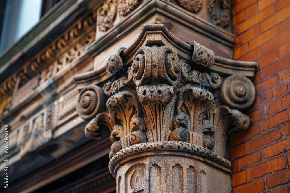 Detailed view of a decorative column on a historic building showcasing intricate stonework and architectural design