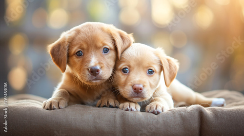 The irresistible charm of two puppies resting together on soft cushion against a bokeh light effect in the background. A tender moment of heartwarming stories about puppies, responsible pet ownership