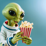 Green alien in space suit enjoying popcorn on a turquoise background