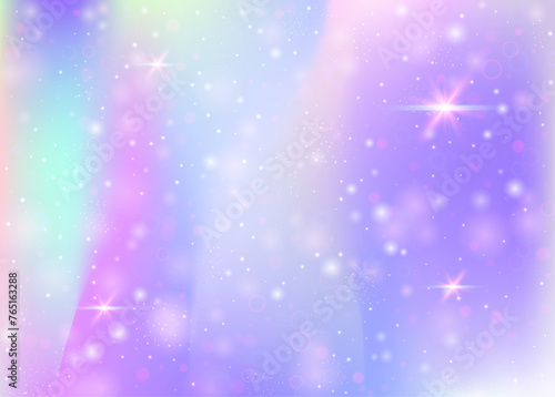 Holographic background with rainbow mesh. Colorful universe banner in princess colors. Fantasy gradient backdrop with hologram. Holographic magic background with fairy sparkles, stars and blurs.