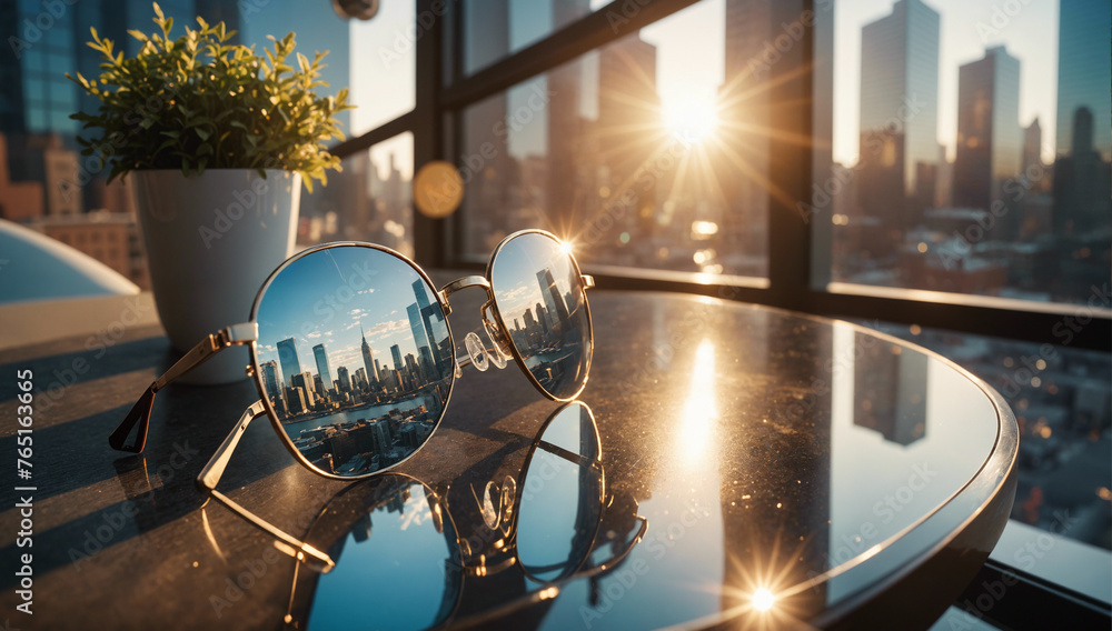 Golden Hour Urban Chic - Elegant Sunglasses Reflecting Cityscape