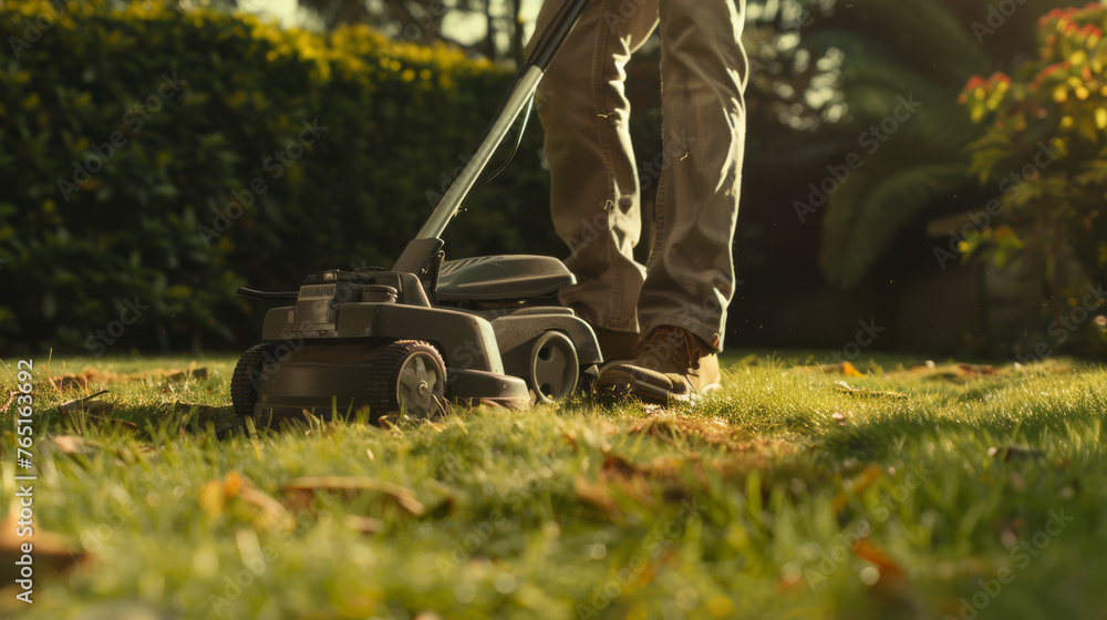 A robot lawnmower trims the grass in a lush garden. A robot lawnmower trims the grass in a lush garden.