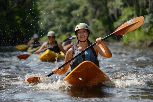 A group of individuals kayaking down a flowing river