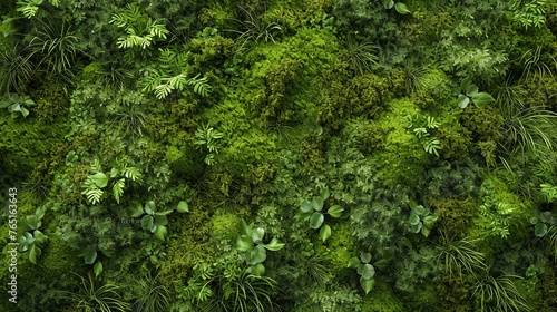 A lush green moss wall with various types of ferns and other foliage. Perfect for creating a natural, living wall in any space.